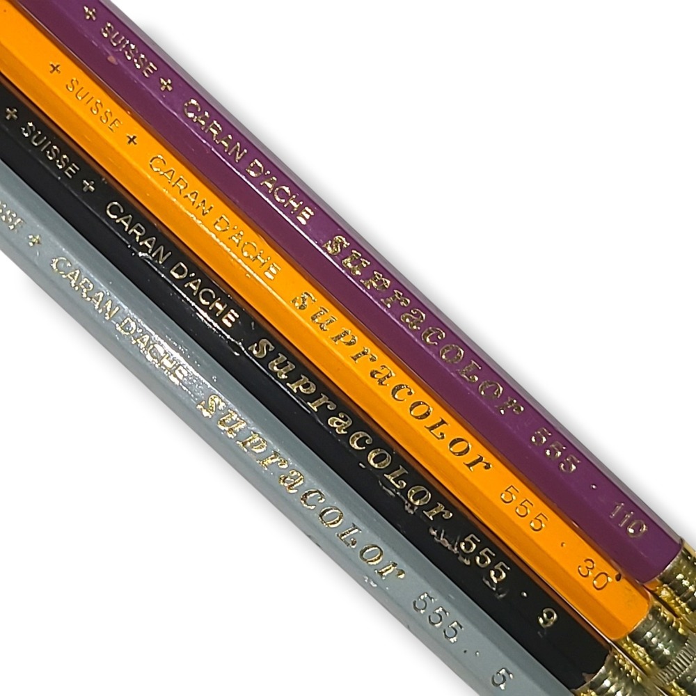 4 Vintage Caran d'Ache Supracolor 555 Colored Pencils Lot Colors 6, 9, 30, & 110